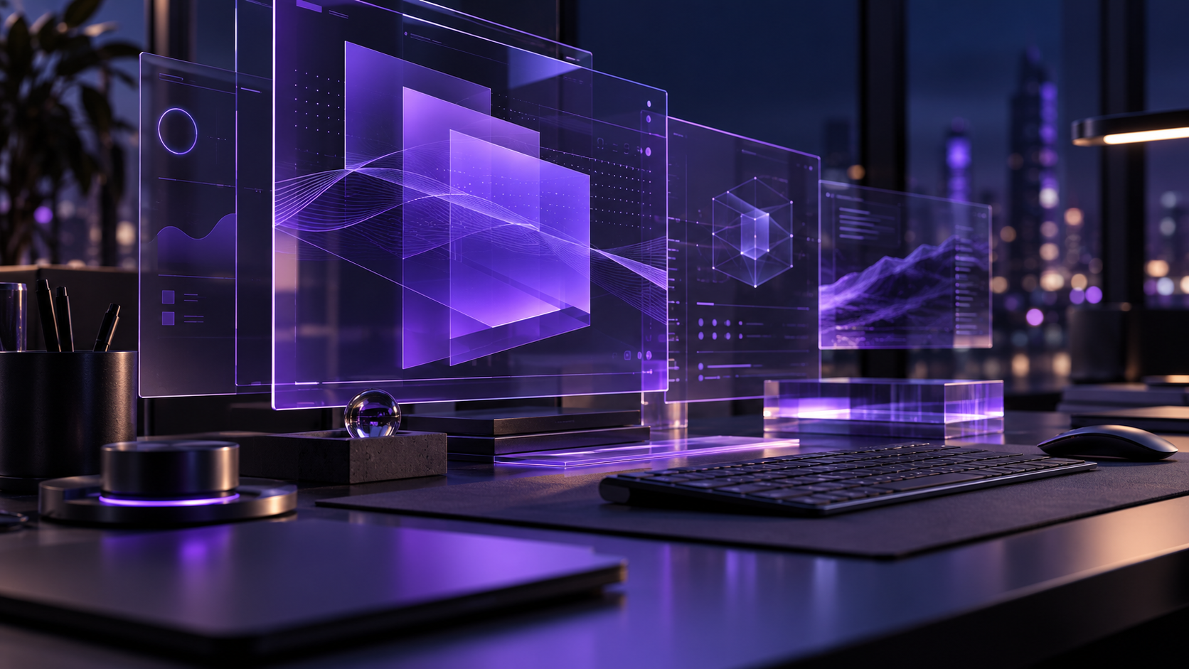 Software engineering workspace with glass interface panels, representing Jasmir engineering standards